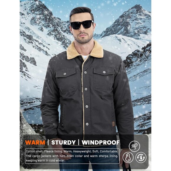 Mens Dark Grey AI Winter Sherpa Lined Jacket Warm Trucker Coat Multi Pocket - Picture 3 of 7